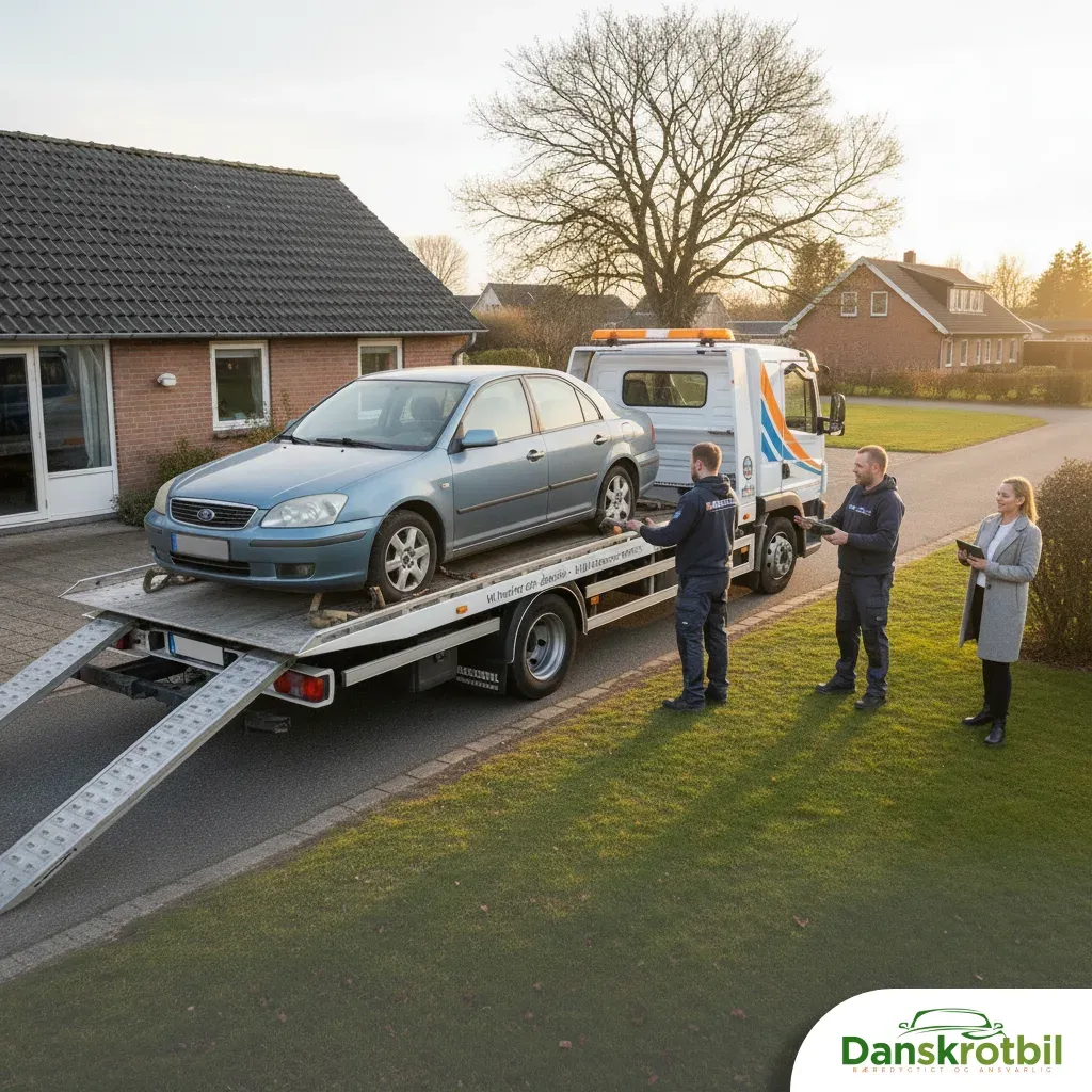 bil til skrot bliver hentet med autotransport